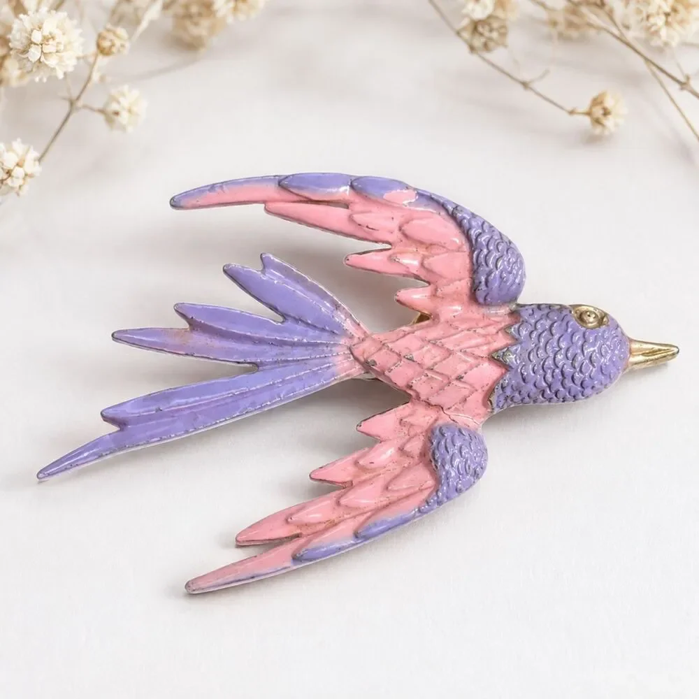 Pink Swallow Bird Brooch, Enamel Flying Bird Pin, Cottagecore Coquette Jewelry